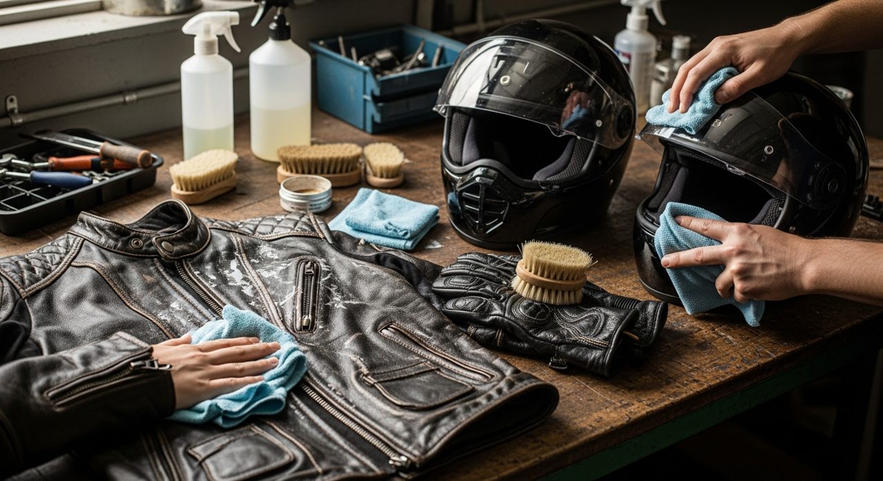 Equipación de moto en mantenimiento: chaqueta, casco y guantes sobre un banco – OutletBiker