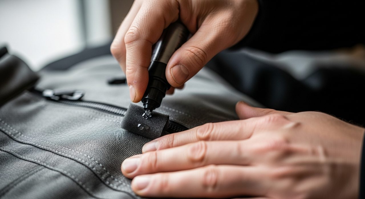 Manos aplicando producto impermeabilizante a una chaqueta de moto textil – OutletBiker