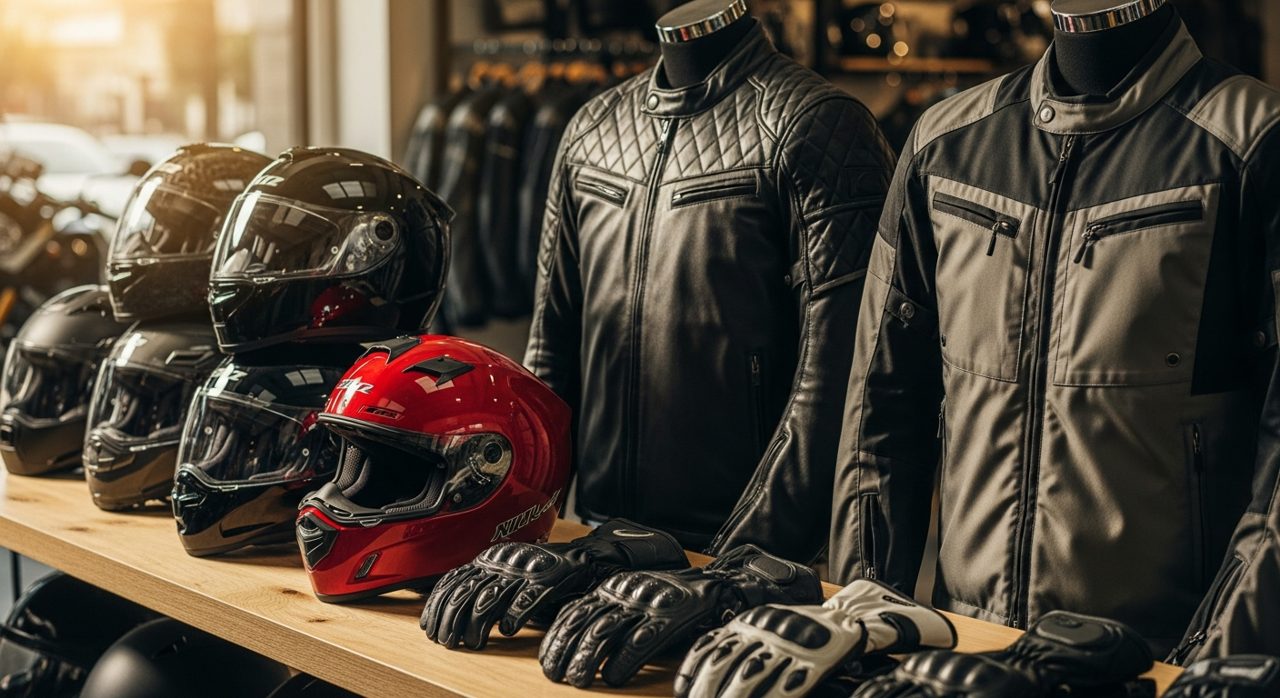 Expositor con cascos, chaquetas y guantes de varias marcas de moto – OutletBiker