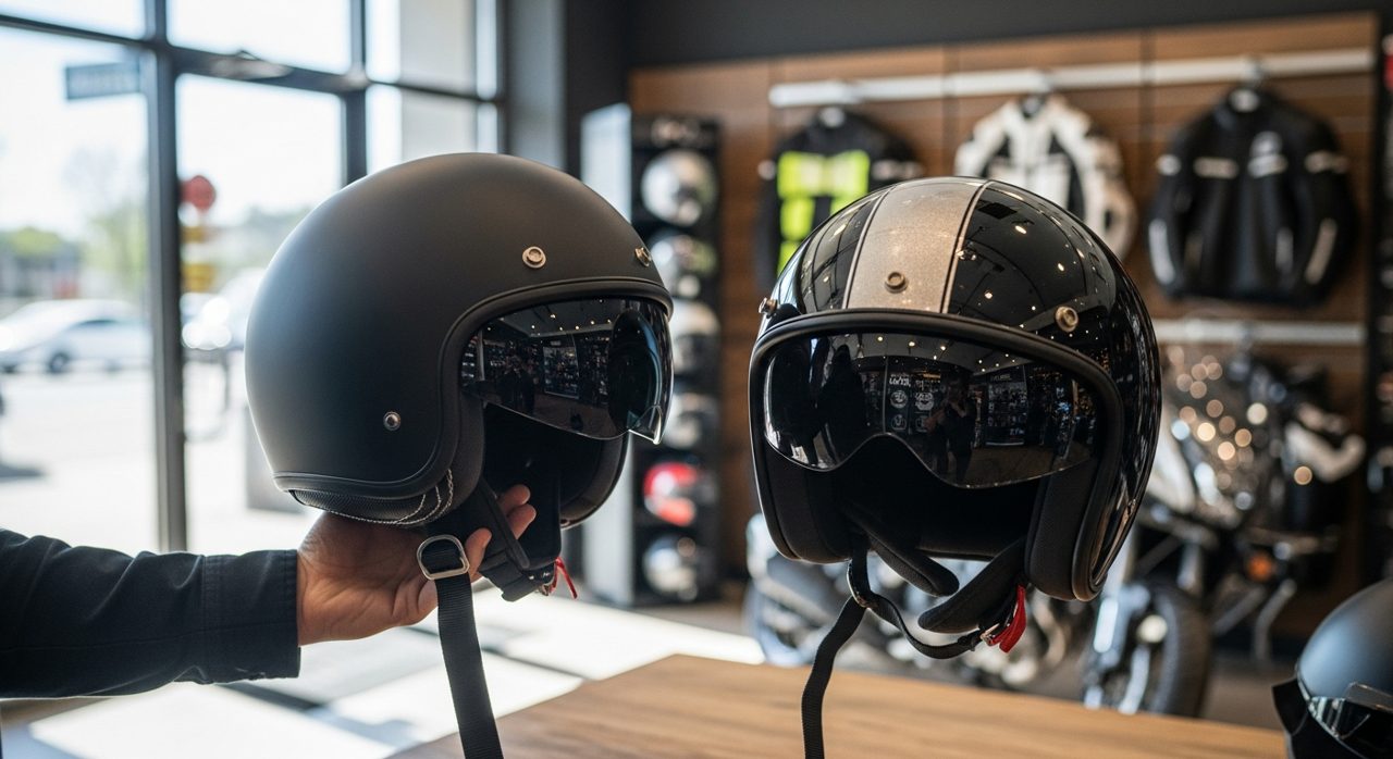 Cliente comparando dos cascos de moto de distintas marcas en la tienda – OutletBiker