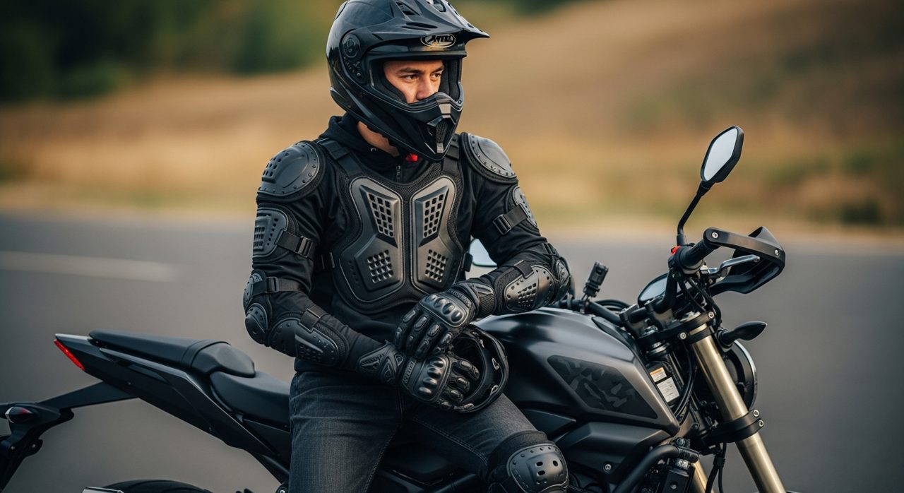 Motorista novel equipándose con el conjunto completo junto a su moto – OutletBiker
