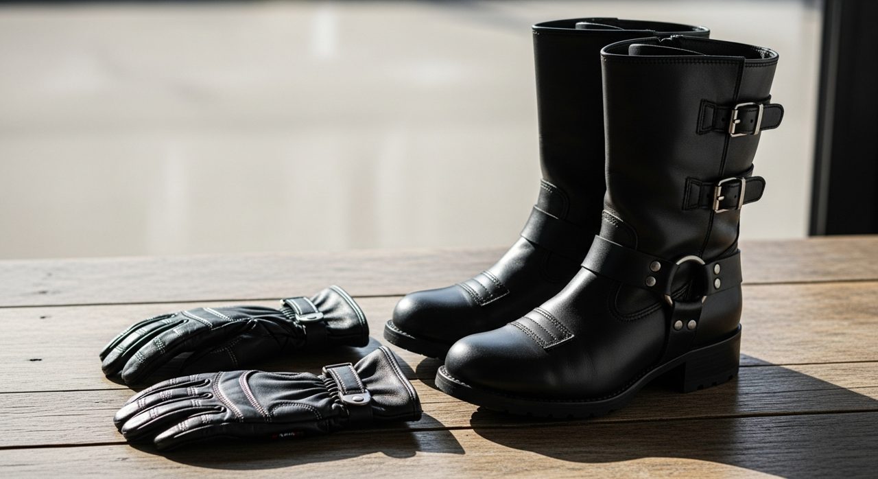 Guantes y botas de moto de mujer sobre una mesa – OutletBiker