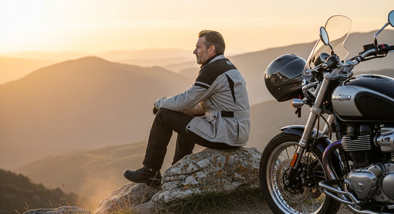 Motorista con equipación touring cómoda descansando en un viaje largo – OutletBiker