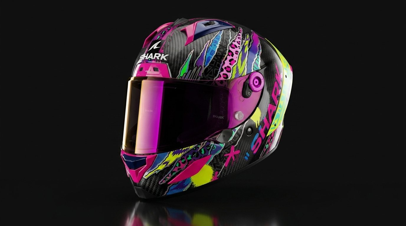 Casco de moto integral deportivo de la marca Shark sobre fondo oscuro de estudio – OutletBiker