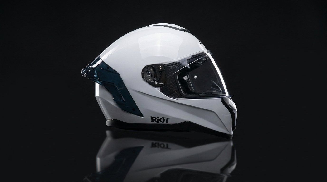 Cascos de moto de varias marcas ordenados en la estantería de una tienda outlet en Oviedo – OutletBiker