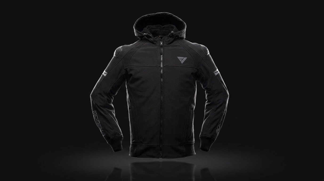Chaqueta de moto textil de cuatro estaciones de la marca Modeka colgada en una tienda – OutletBiker