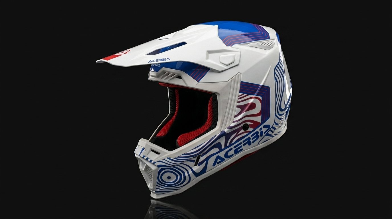 Casco de moto de cross y enduro con visera y mentonera prolongada sobre fondo neutro – OutletBiker