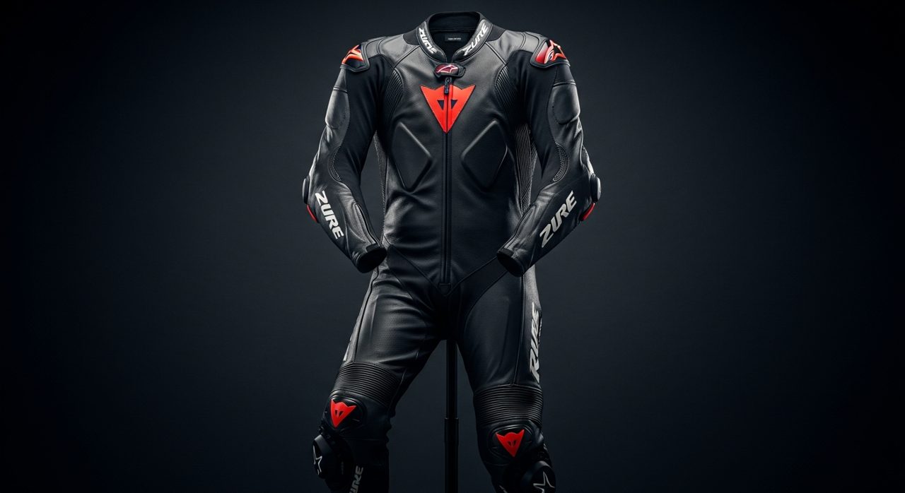 Mono de moto de cuero de una pieza expuesto en un soporte – OutletBiker