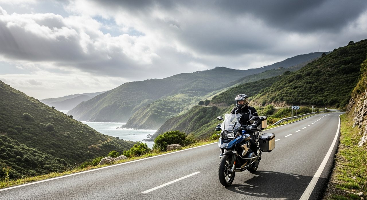 Motorista rodando por una carretera de montaña de Asturias con paisaje verde – OutletBiker
