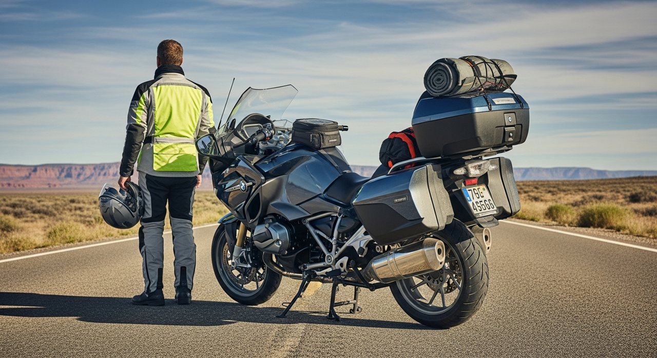 Moto trail cargada con equipaje lista para un viaje largo en carretera abierta – OutletBiker