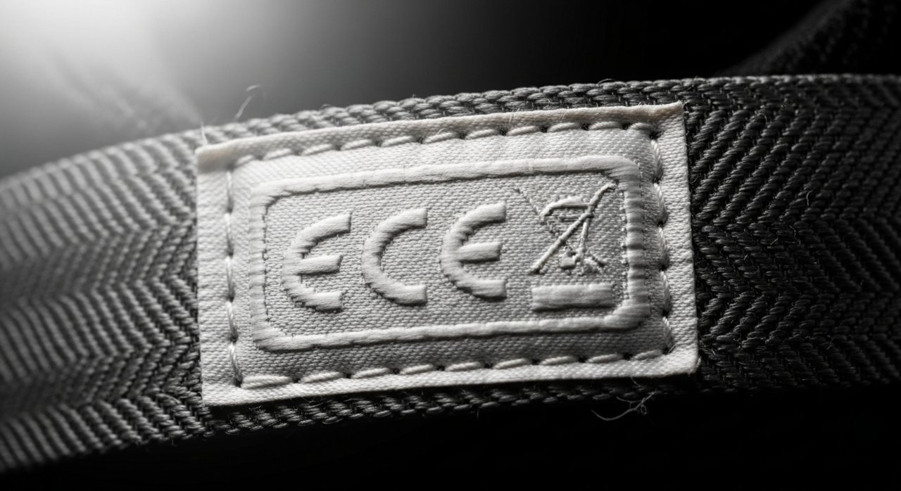 Detalle de la etiqueta de homologación ECE en la correa de un casco jet – OutletBiker