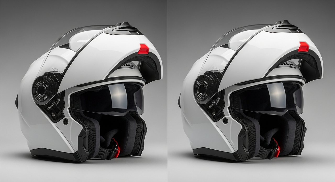 Casco modular mostrado cerrado y con la mentonera abierta – OutletBiker
