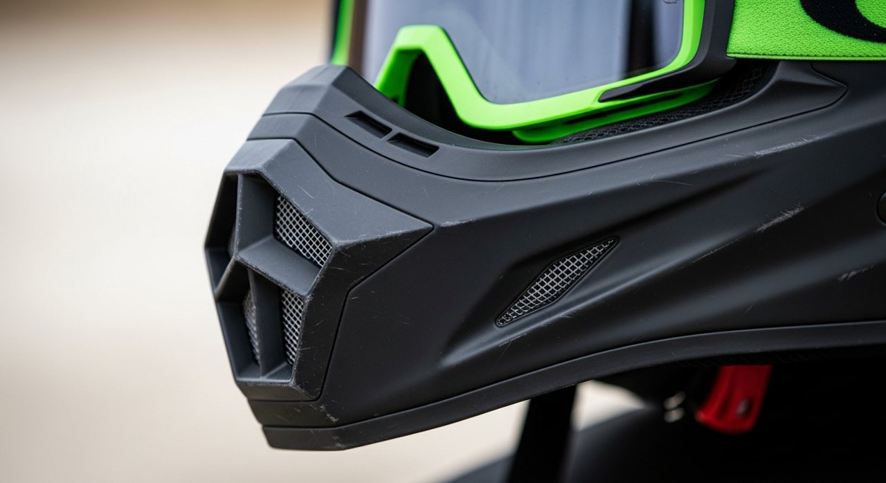 Detalle de la mentonera prolongada y la visera de un casco de cross – OutletBiker