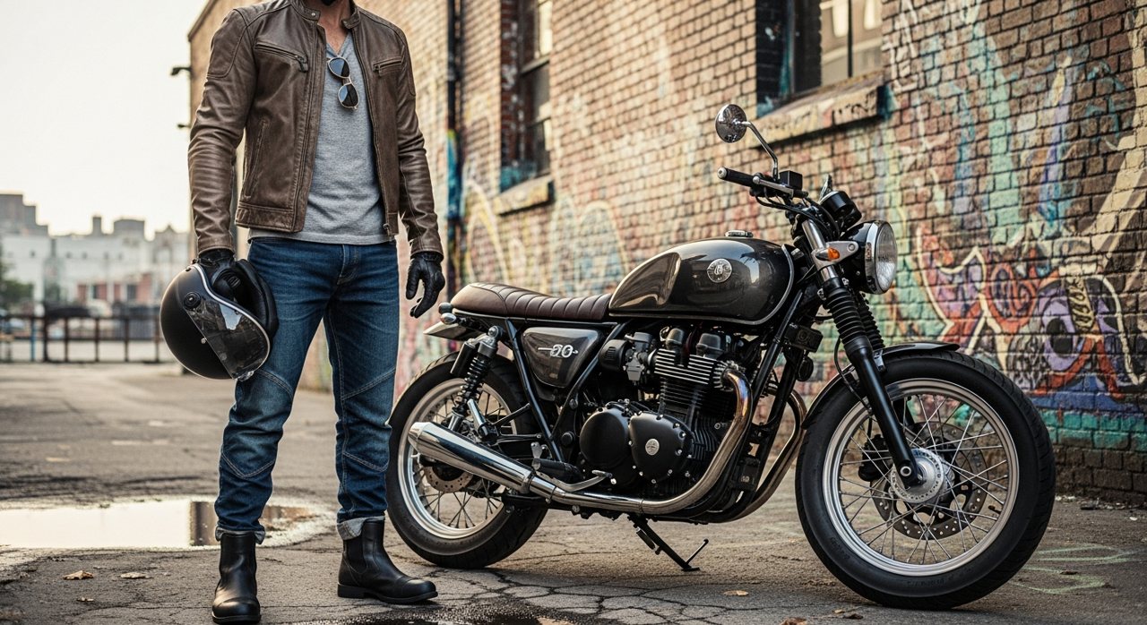 Motorista con vaqueros de moto de aspecto urbano junto a su moto – OutletBiker