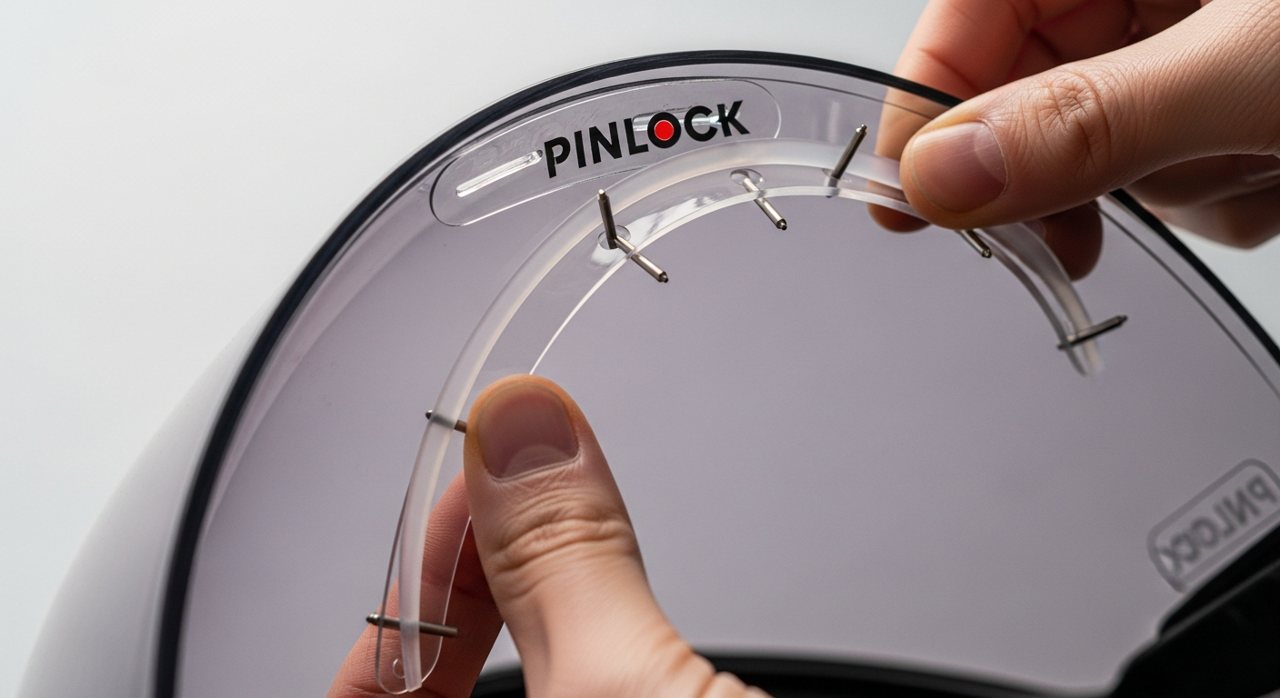 Detalle de una lámina pinlock antivaho montada en la pantalla del casco – OutletBiker