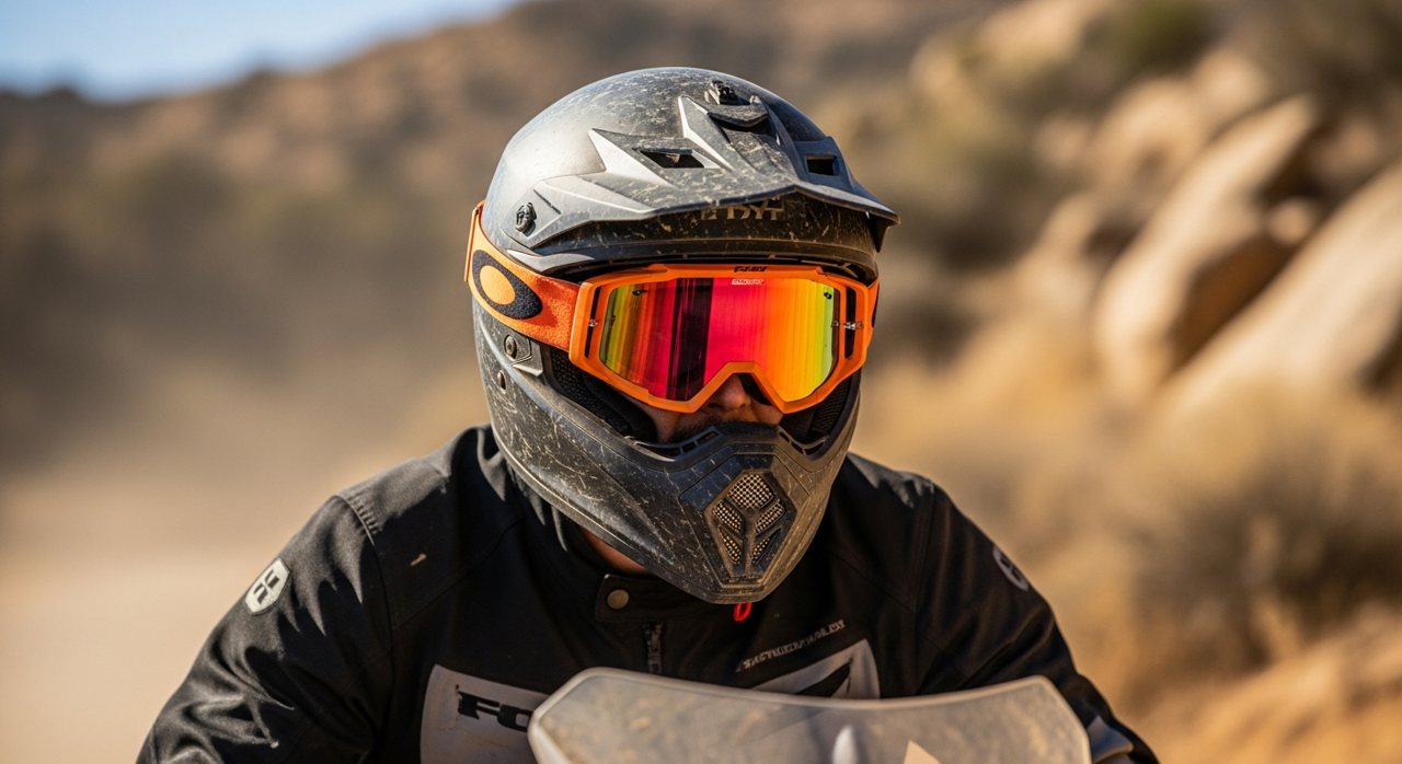 Motorista con gafas de moto en un casco de aventura al aire libre – OutletBiker