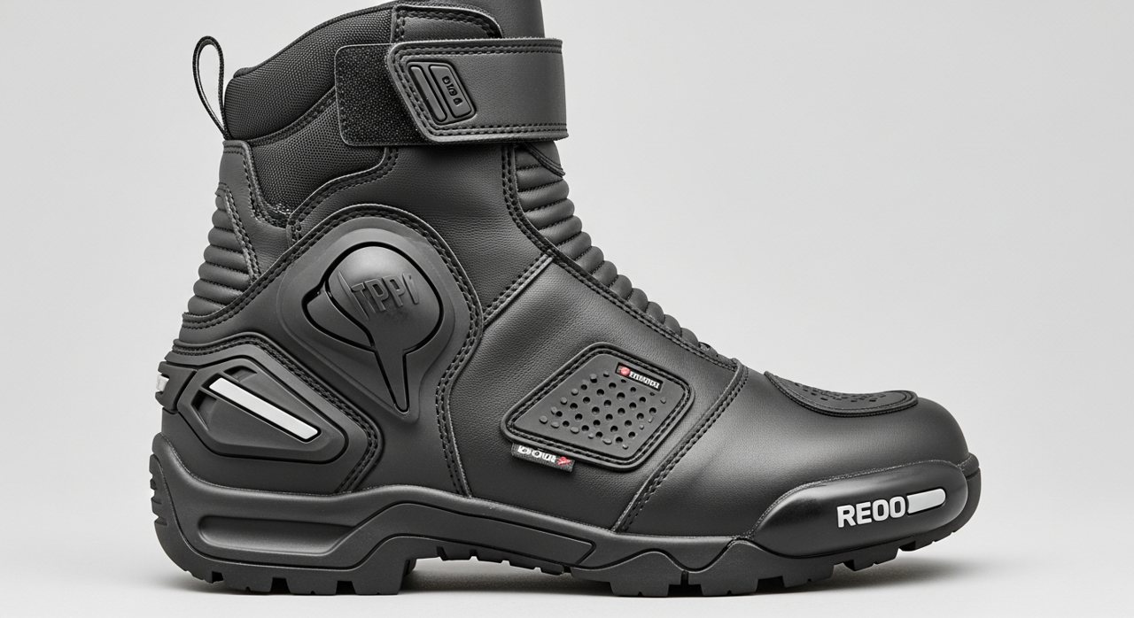 Detalle de una bota touring con protección de tobillo y membrana impermeable – OutletBiker