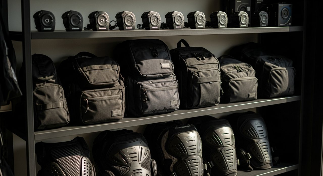Estantería con intercomunicadores, mochilas y espalderas de moto en una tienda – OutletBiker