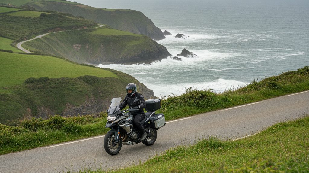 Motorista rodando por una carretera de costa en Bizkaia con el mar Cantábrico al fondo - OutletBiker