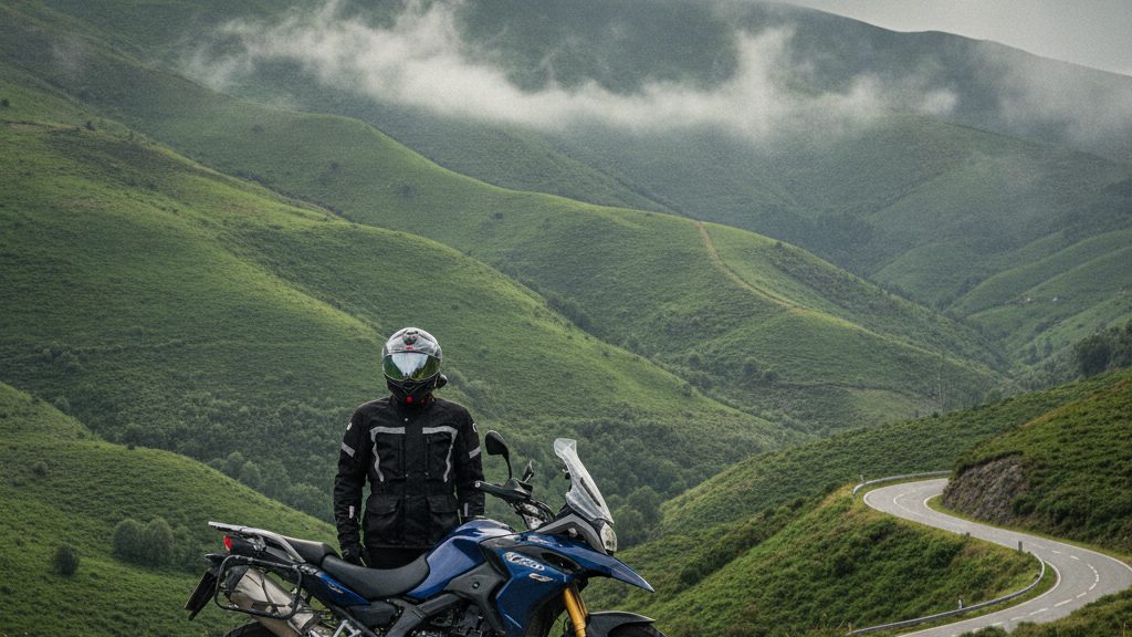 Motorista parado en un puerto de montaña vasco con niebla baja - OutletBiker