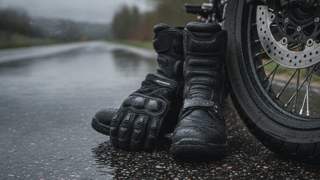 Guantes y botas impermeables de moto sobre asfalto mojado tras la lluvia - OutletBiker