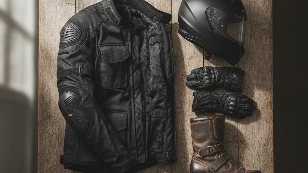 Equipación completa de moto (casco, chaqueta, guantes y botas) preparada sobre una mesa - OutletBiker