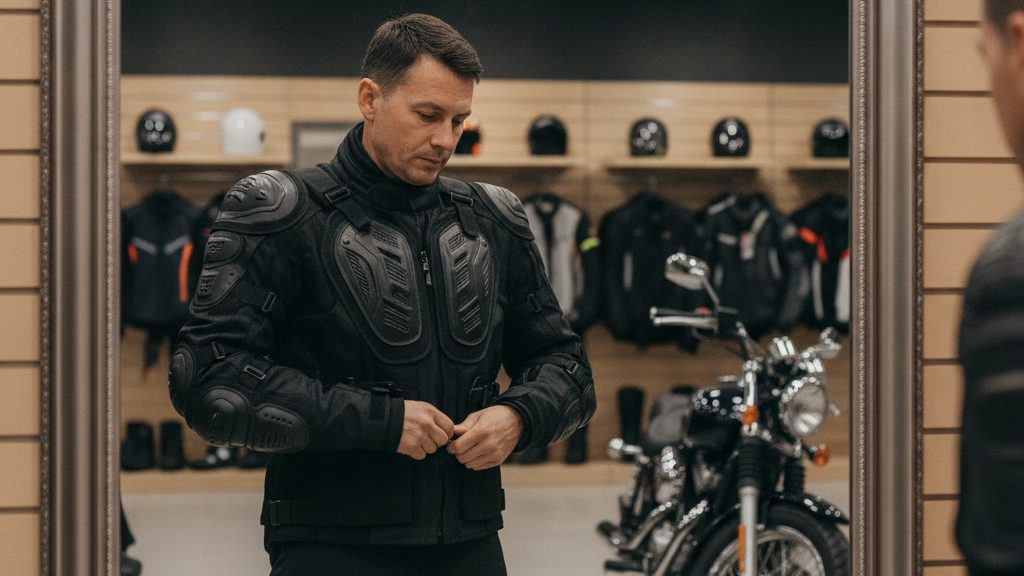 Probándose una chaqueta de moto con protecciones en tienda - OutletBiker