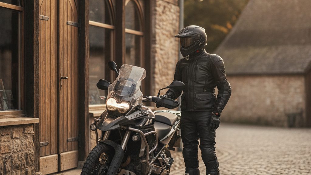 Motorista totalmente equipado listo para salir de la tienda - OutletBiker